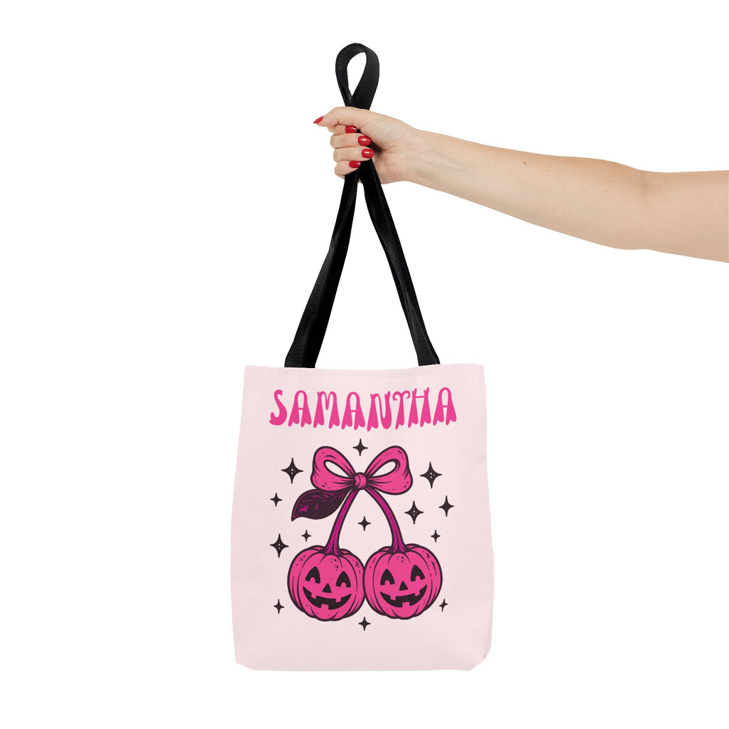 Personalized Halloween Tote - Pink Pumpkin Cherries "So Cute It's Spooky" Trick or Treat Bag