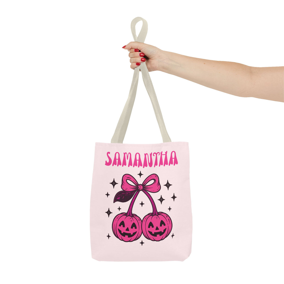 Personalized Halloween Tote - Pink Pumpkin Cherries "So Cute It's Spooky" Trick or Treat Bag