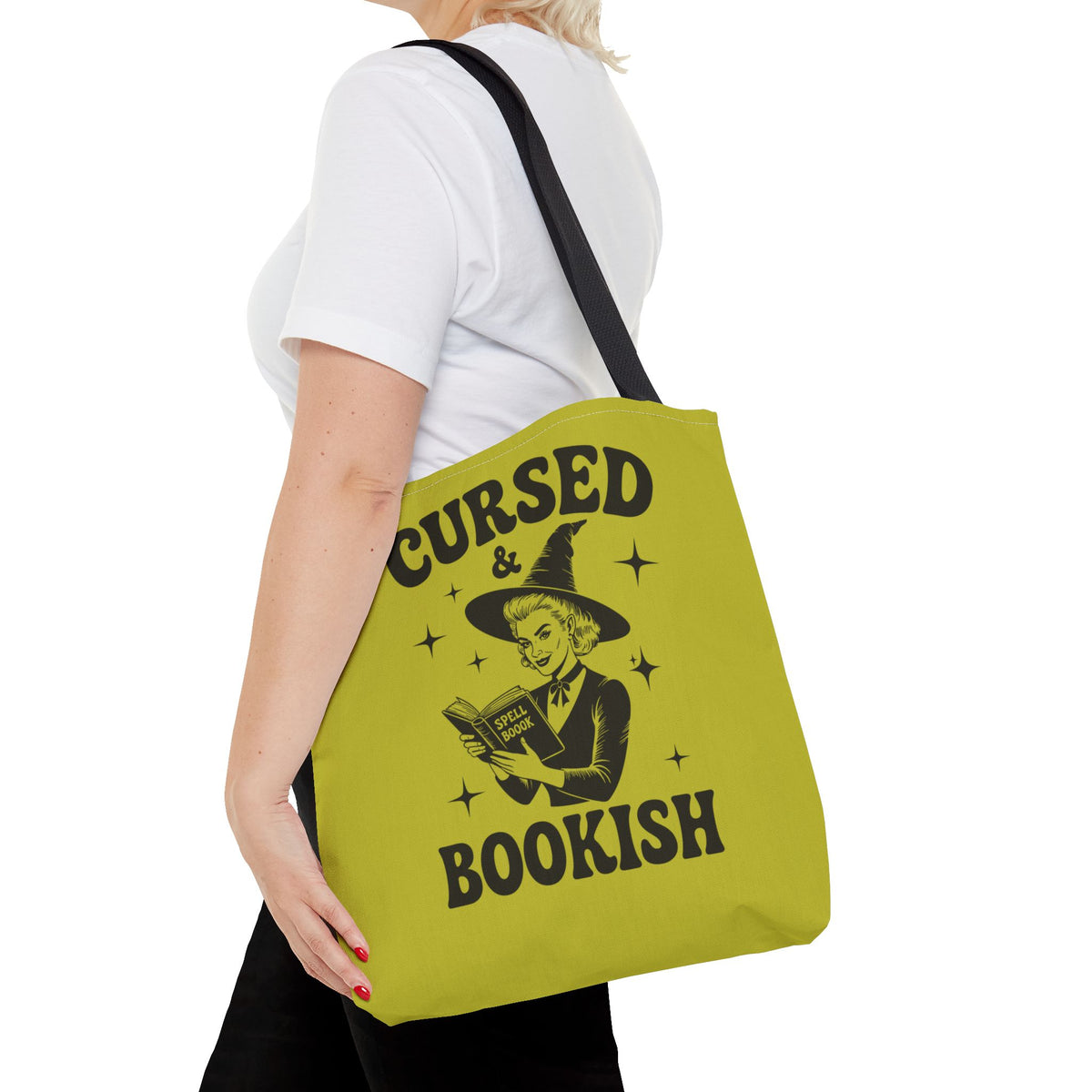Cursed and Bookish Tote Bag — Green Witchy Reader Tote for Book Lovers