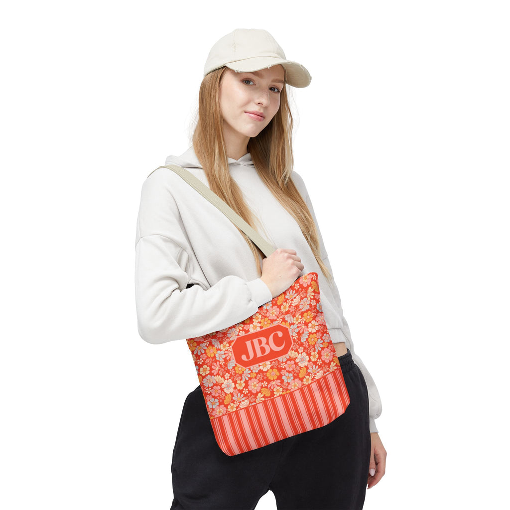 Personalizable Floral Striped Tote Bag - Orange Retro Blossom Tote