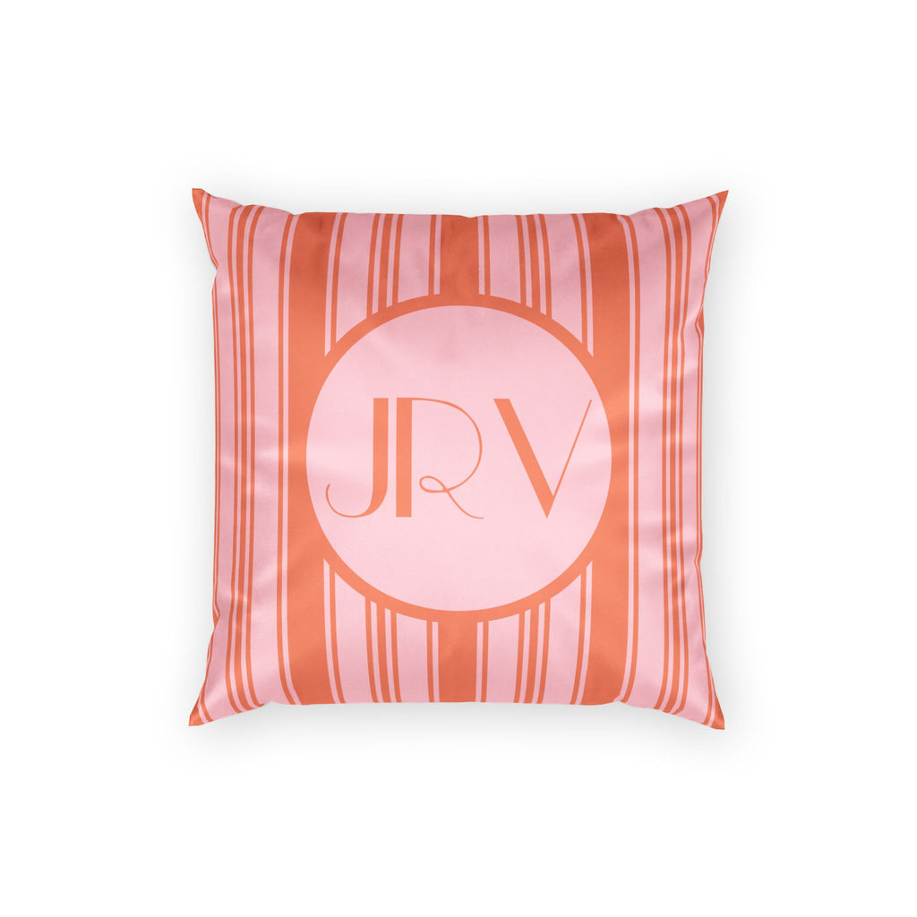 Personalizable Velvet Pillow - Pink and Orange Ticking Stripe Monogram Decorative Pillow