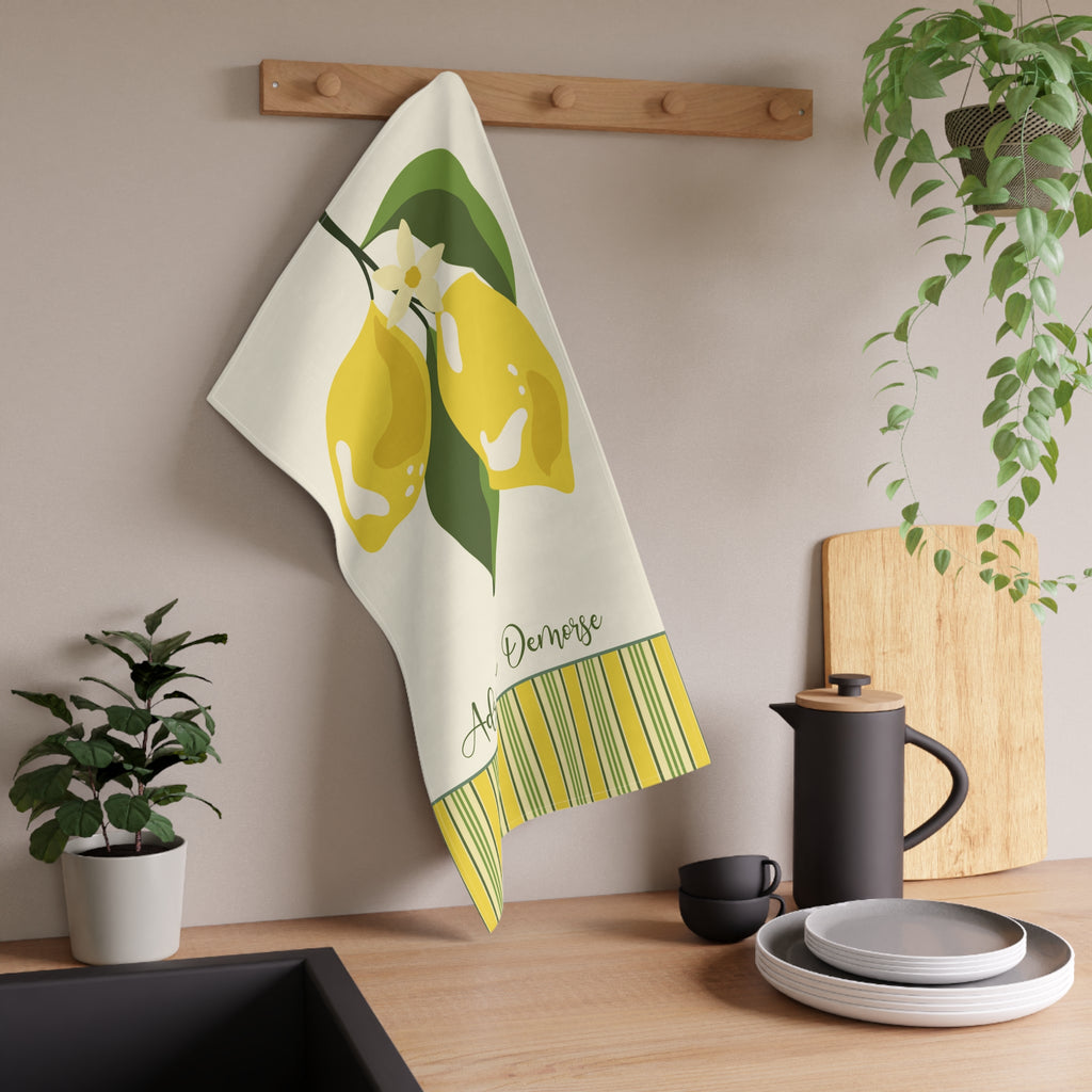 Personalized Fruit Tea Towel — Custom Name Lemon Striped Border Kitchen Towel