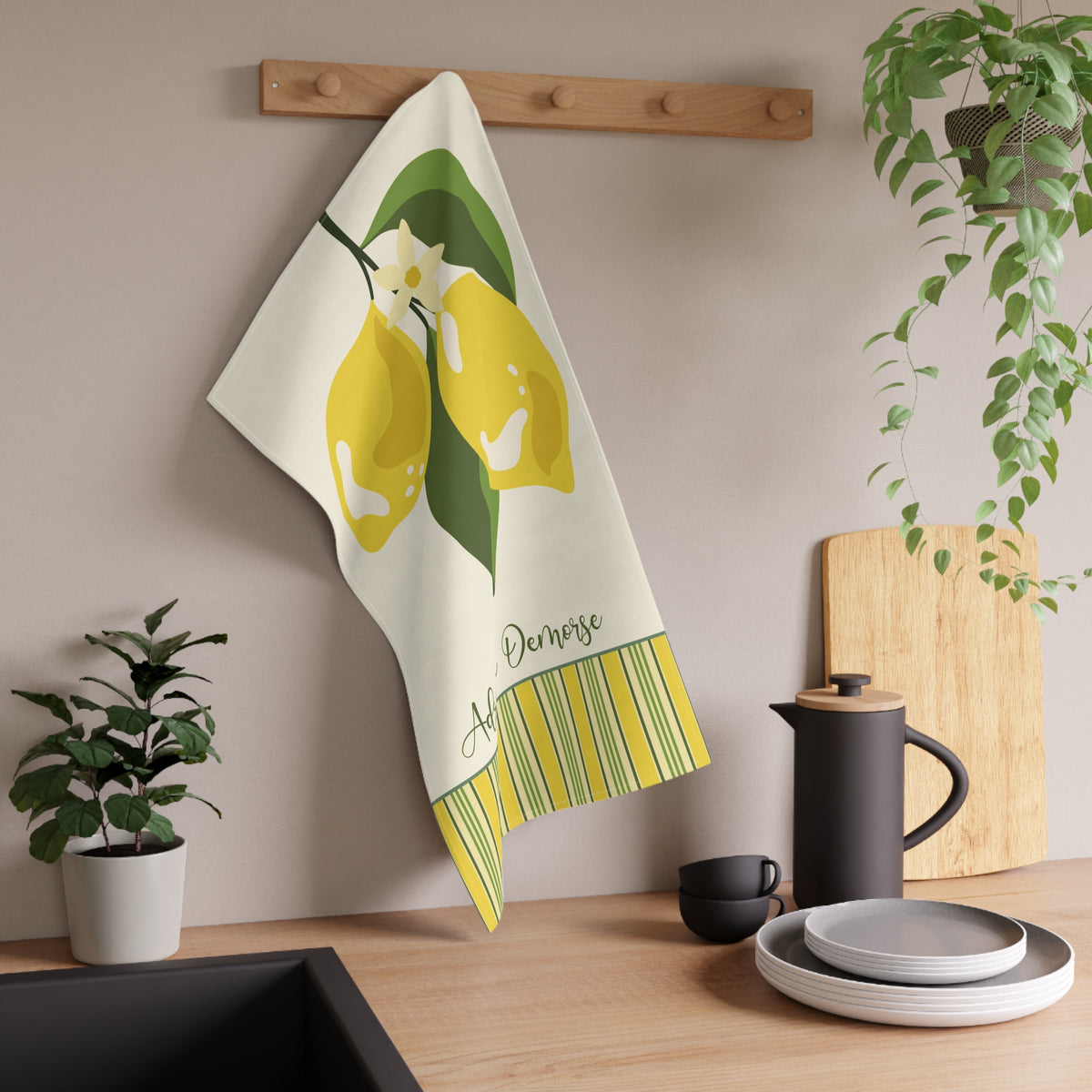 Personalized Fruit Tea Towel — Custom Name Lemon Striped Border Kitchen Towel