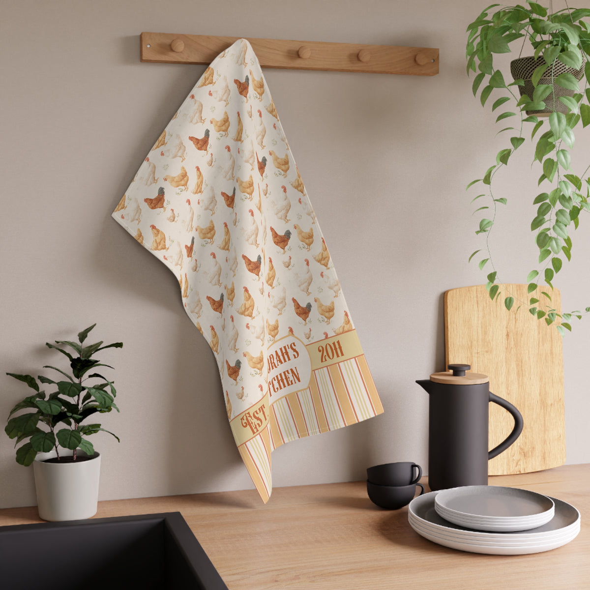 Personalized Farmhouse Chicken Striped Tea Towel - Vintage Name and Date Decorative Towel