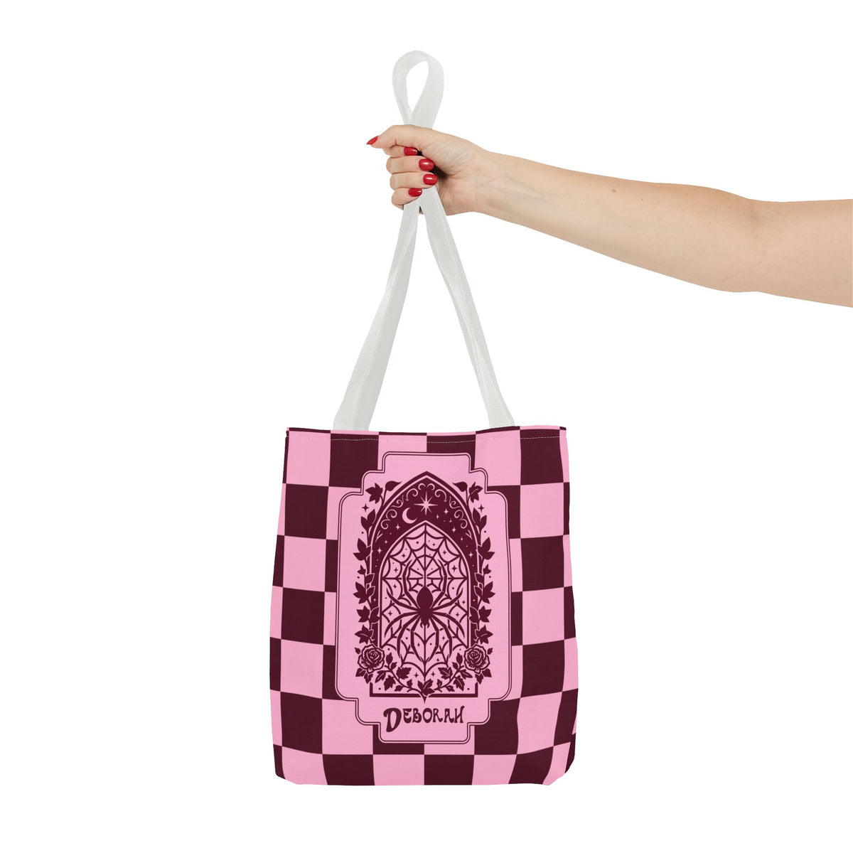 Personalizable Pink and Burgundy Retro Goth Tote with Mystic Spider Stained Glass Design