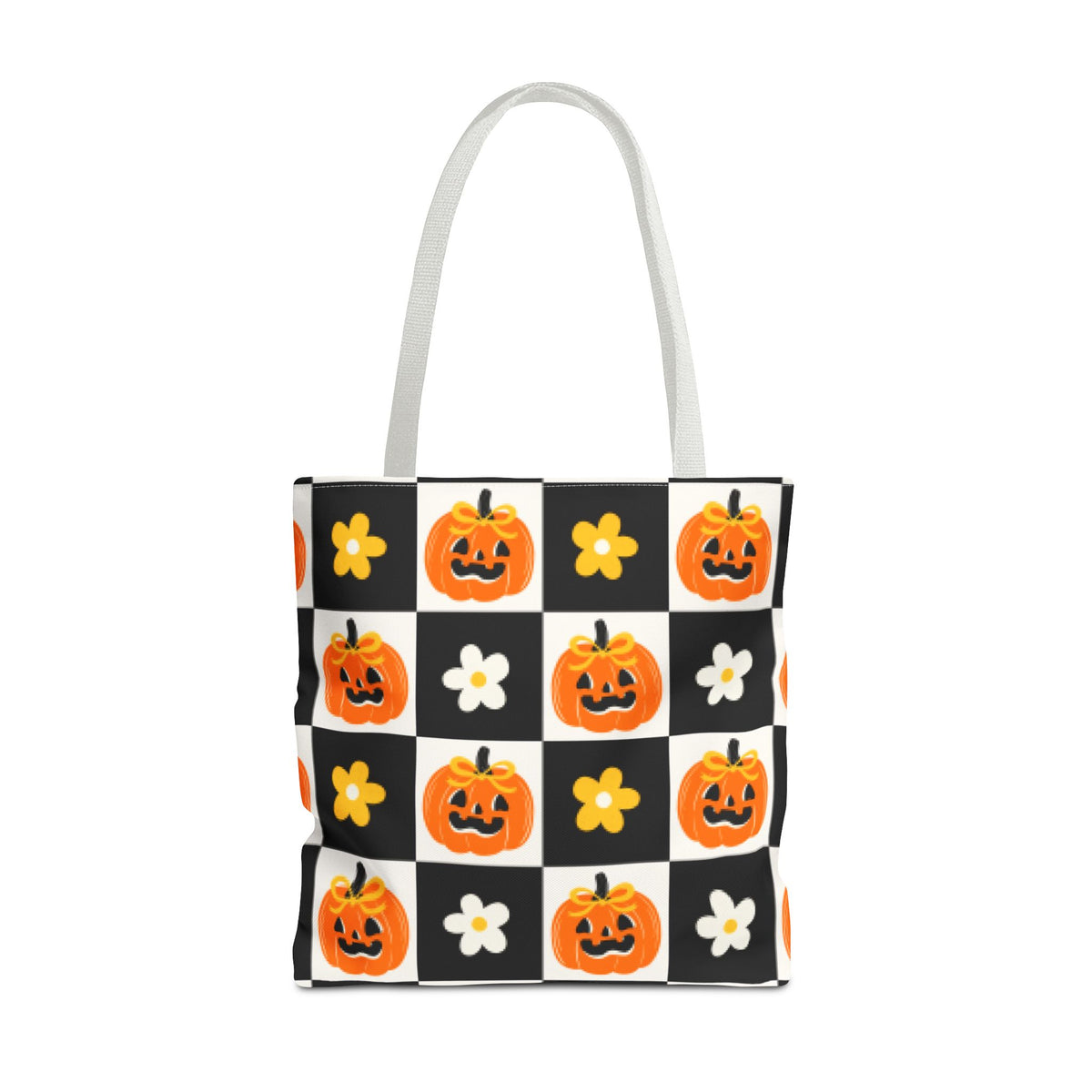 Coquette Pumpkin and Daisy Checkerboard Tote Bag - Cute Jack O Lantern Carryall