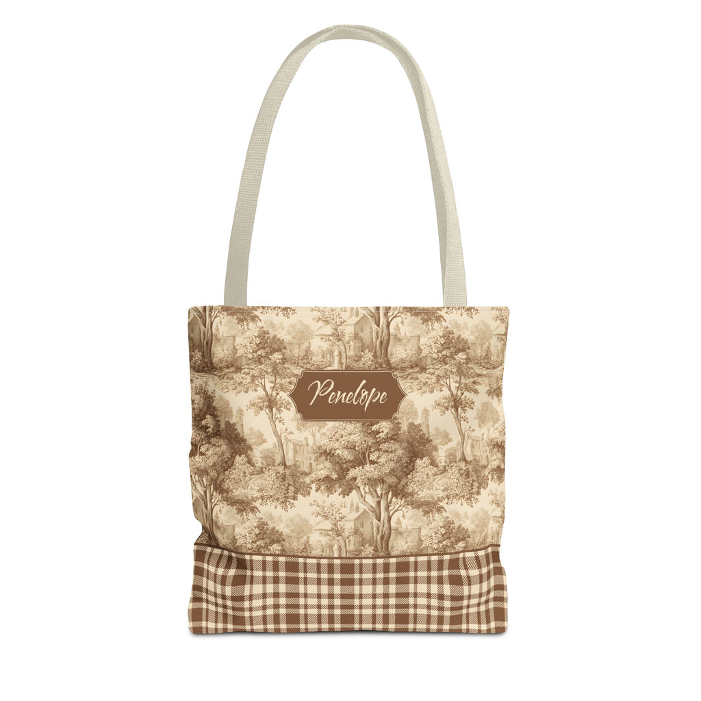 Personalized Market Tote -  Vintage Sepia Toile and Plaid Rustic Country Carryall