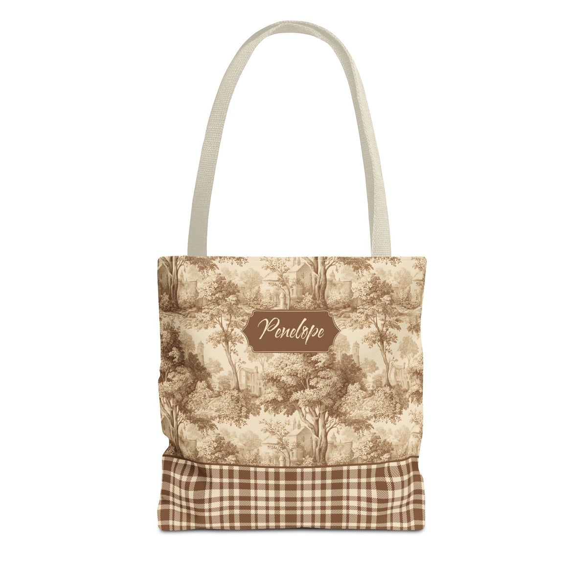 Personalized Market Tote -  Vintage Sepia Toile and Plaid Rustic Country Carryall