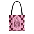 Personalizable Pink Checker Skeletal Hand Tote Bag — Gothic Moon and Roses Carryall