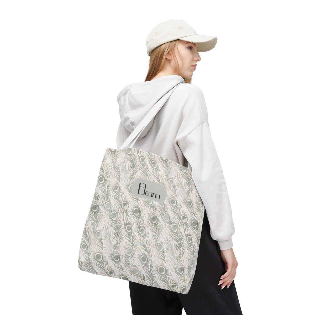 Personalizable Tote - Elegant Grey Peacock Feather Pattern Bag