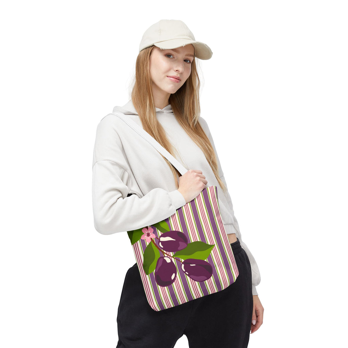 Plum Orchard Striped Tote Bag - Floral Plum Bouquet All-Over Print Tote