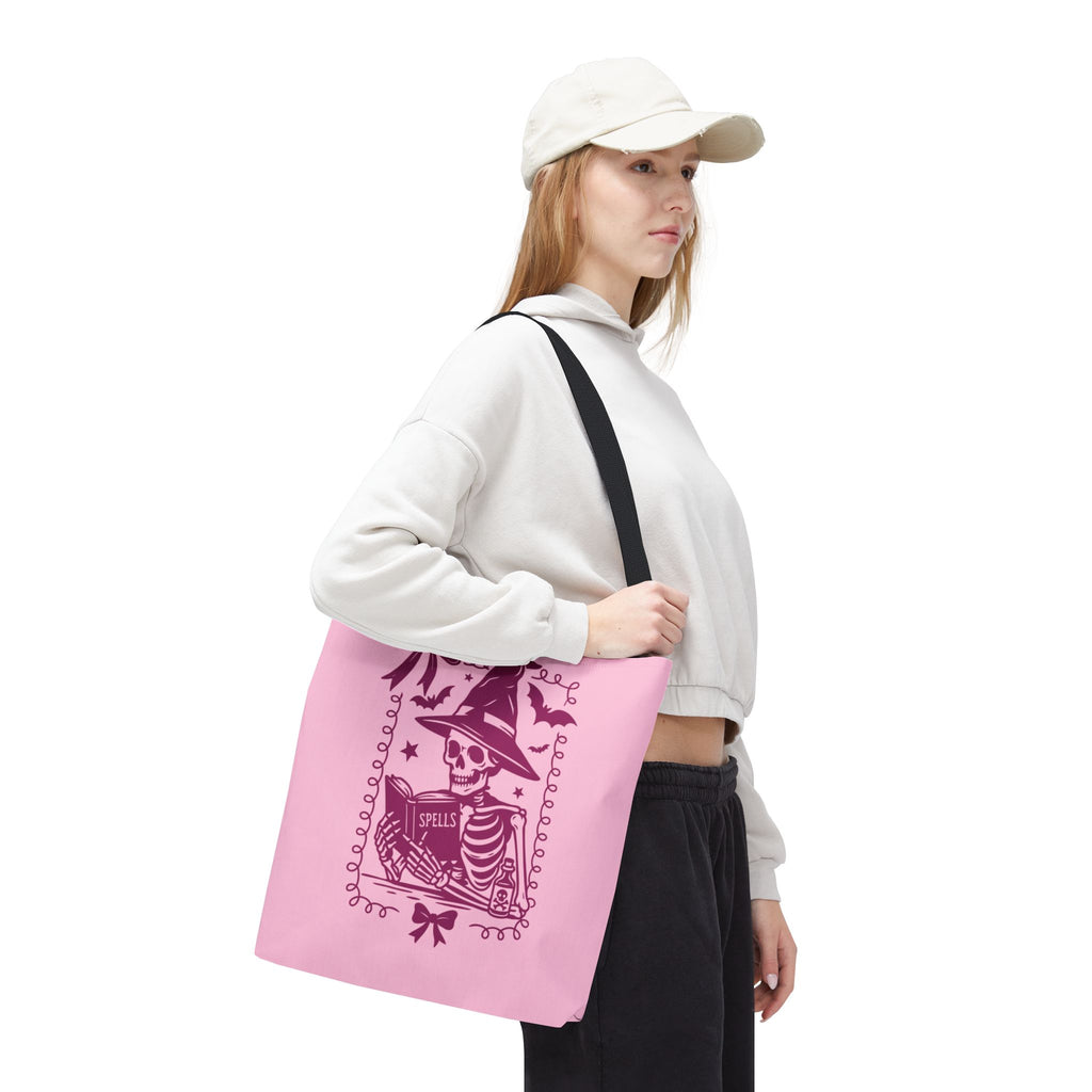 Pink Reading Witch Skeleton Tote Bag — Cute Coquette Frame Halloween Tote