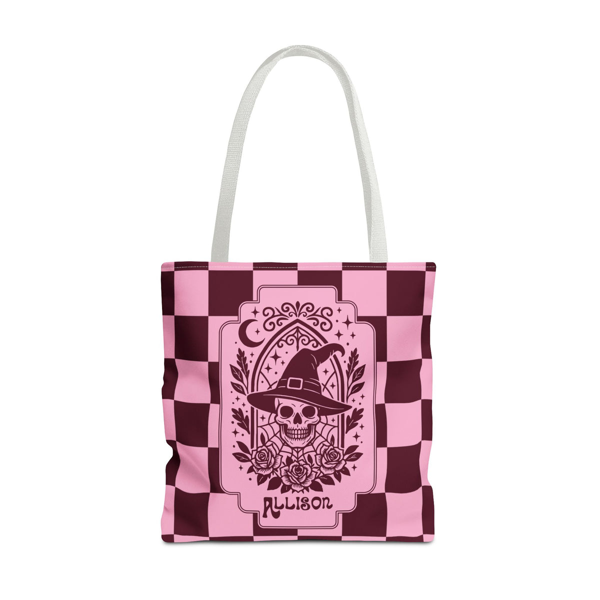 Pink Spooky Checkerboard Carryall - Gothic Witch Skull Personalizable Tote