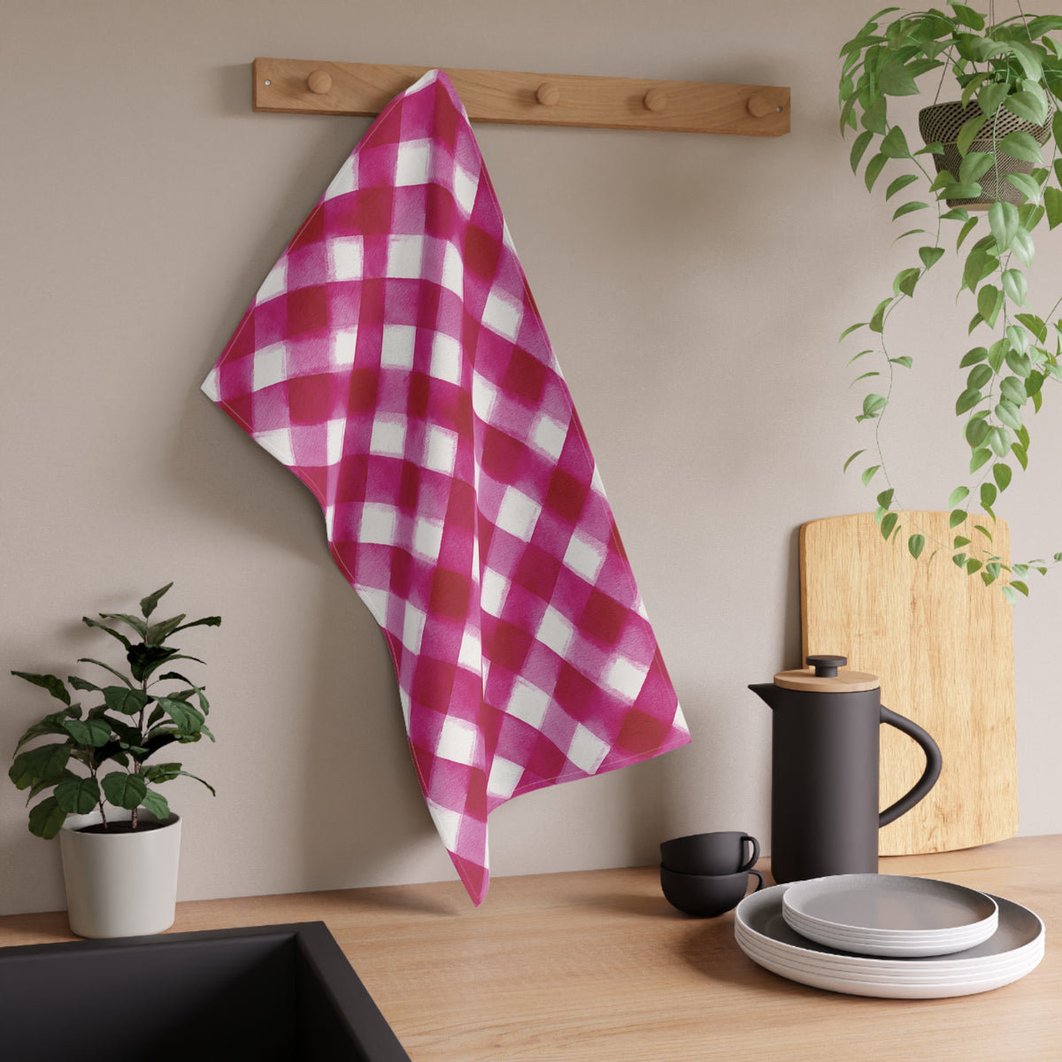 Pink Gingham Kitchen Towel - Bright Magenta Tea Towel