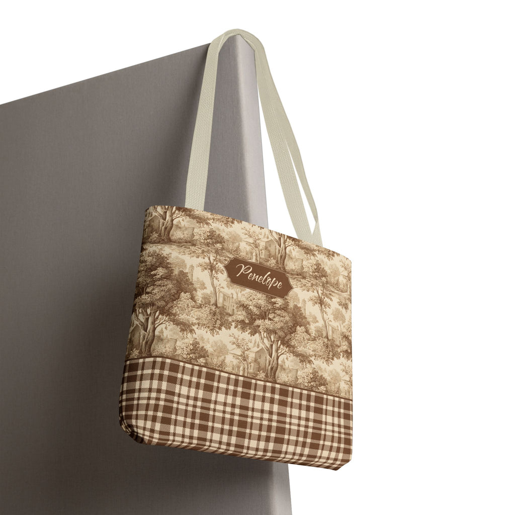 Personalized Market Tote -  Vintage Sepia Toile and Plaid Rustic Country Carryall
