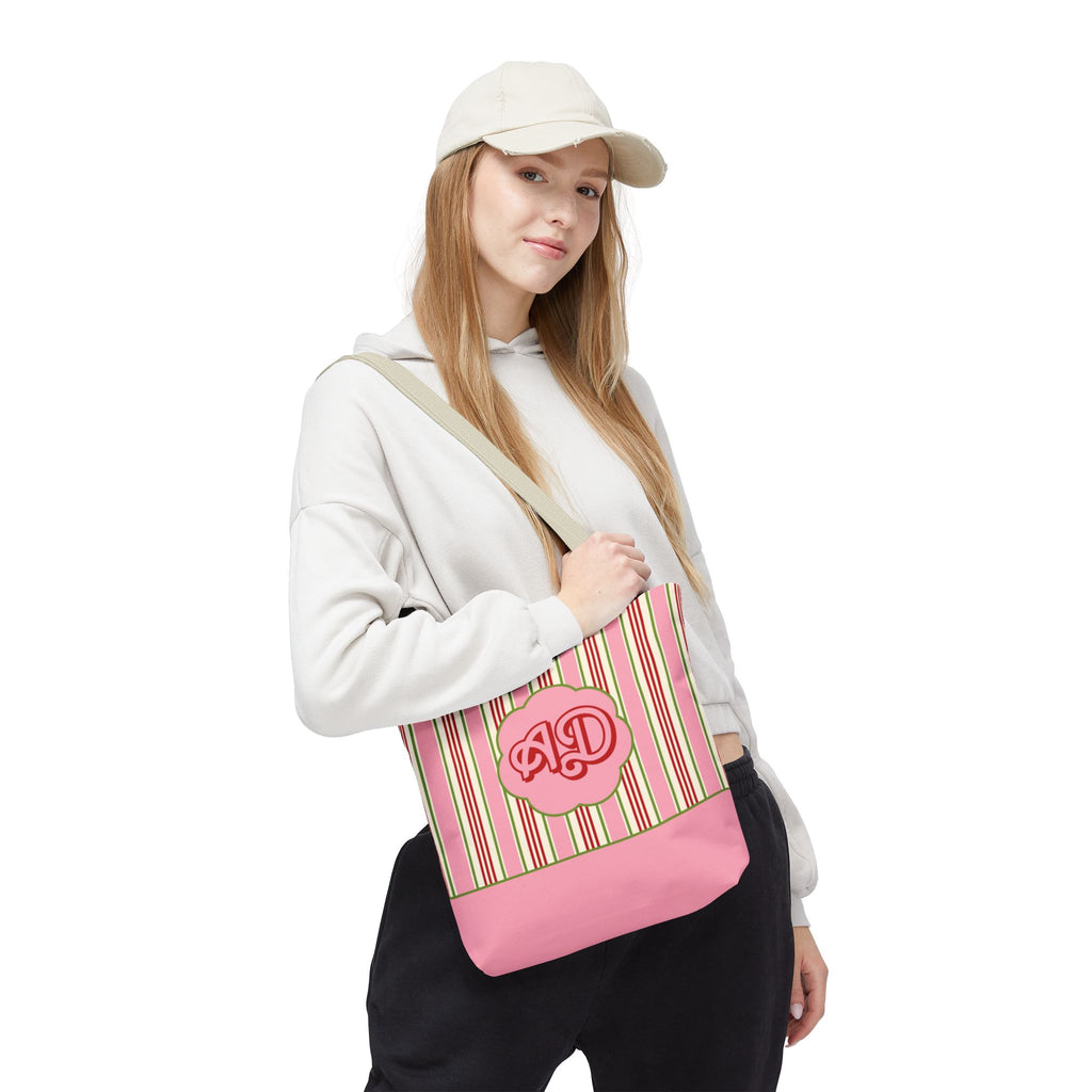 Customizable Striped Pink Tote Bag – Vintage Strawberry Stripe Monogram Tote Bag