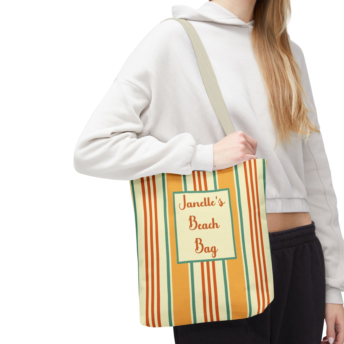 Personalizable Striped Retro Tote Bag - Vintage Yellow, Orange and Teal Beach and Market Bag