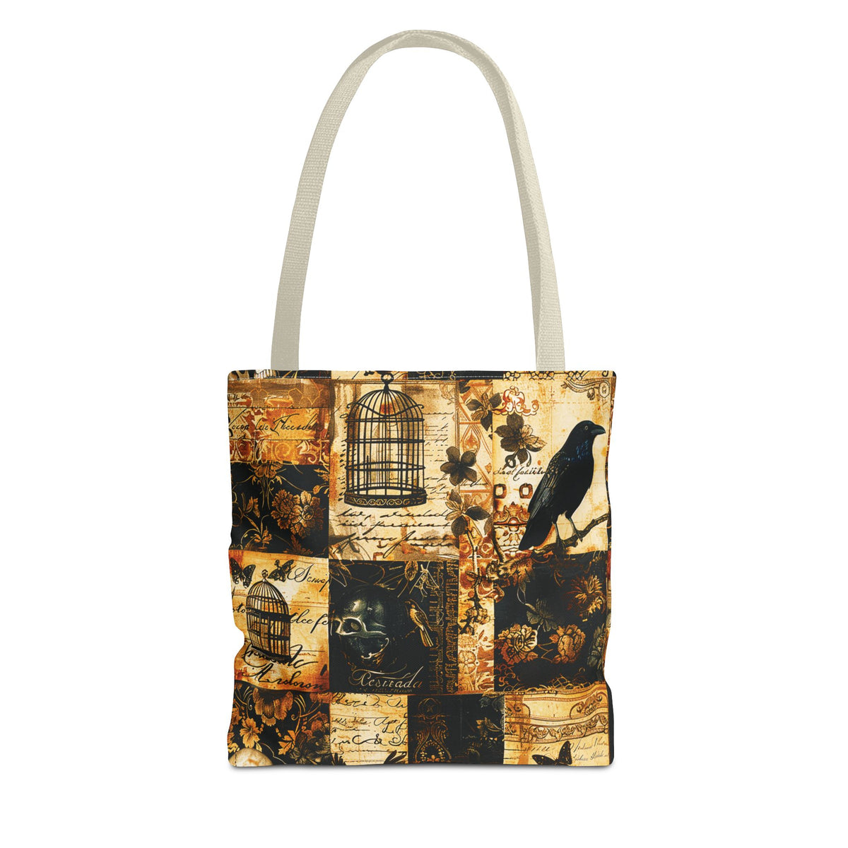 Gothic Raven Patchwork Tote Bag – Vintage Sepia and Black Collage Print
