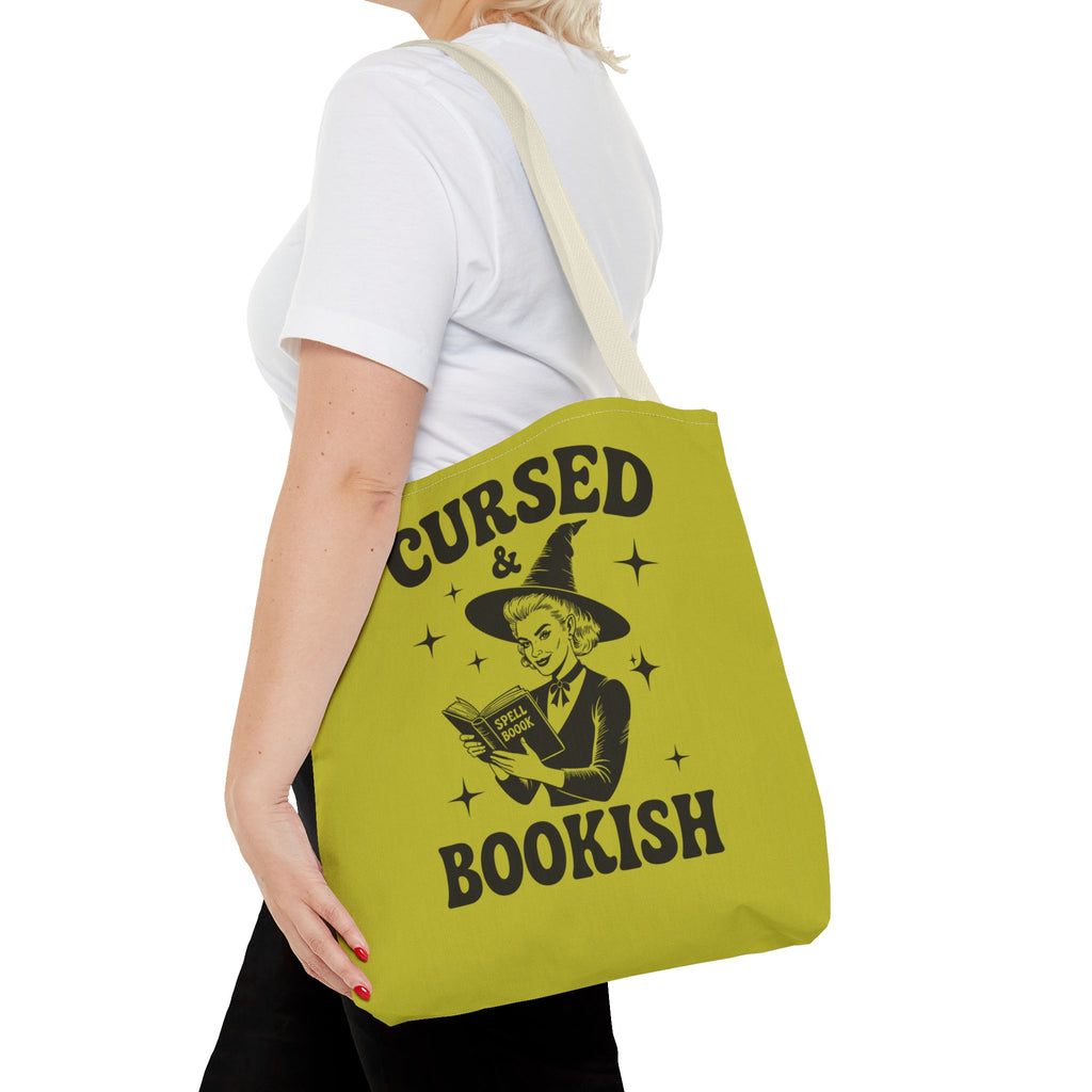 Cursed and Bookish Tote Bag — Green Witchy Reader Tote for Book Lovers