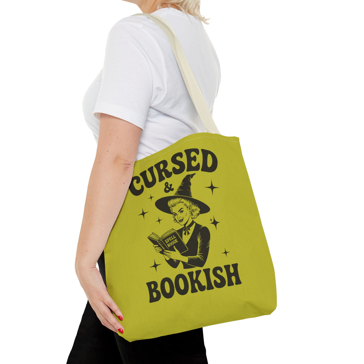 Cursed and Bookish Tote Bag — Green Witchy Reader Tote for Book Lovers
