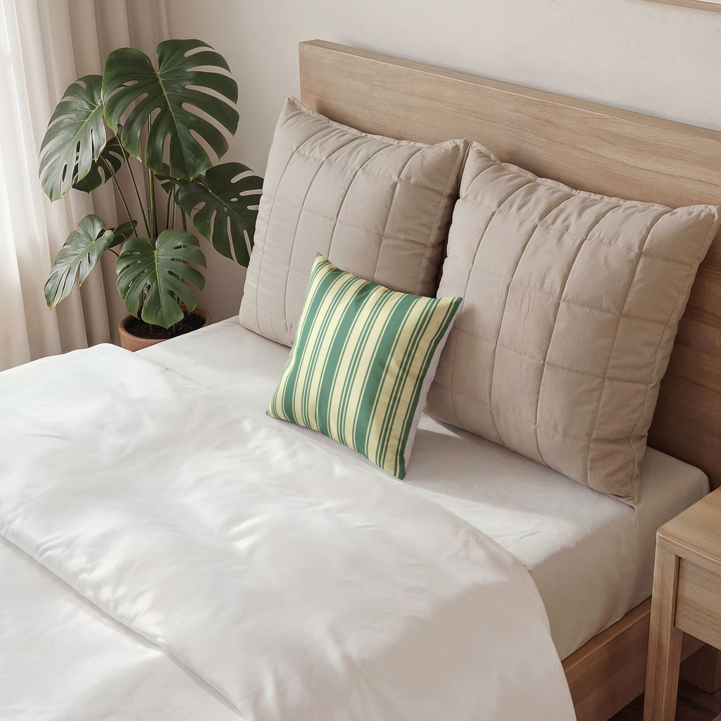 Striped Velvet Pillow - Elegant Mint and Cream Ticking Stripe Throw Pillow