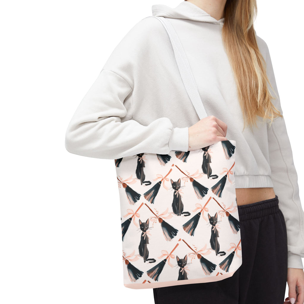 Witchy Black Cat and Broom Tote Bag
