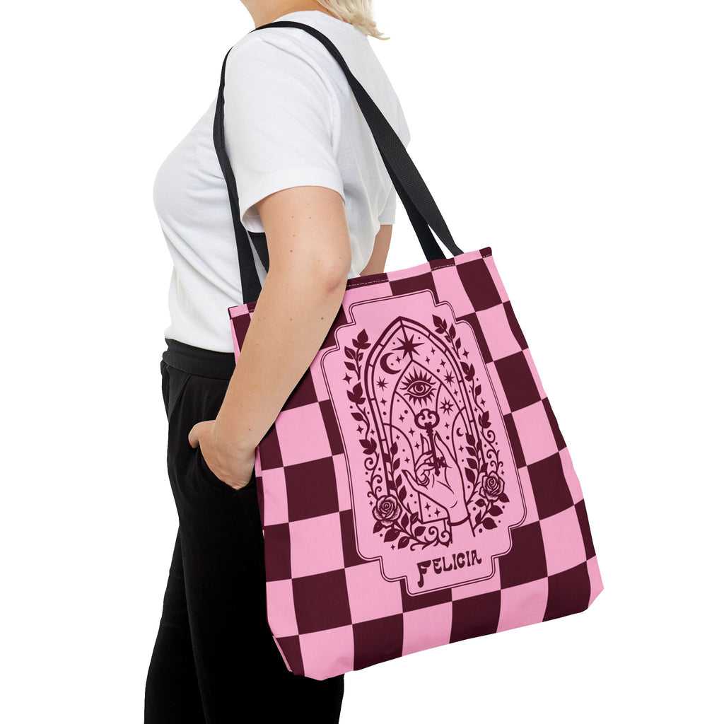 Personalizable Mystic Hand with Key Checkerboard Tote Bag – Pink and Burgundy Retro Goth Carryall