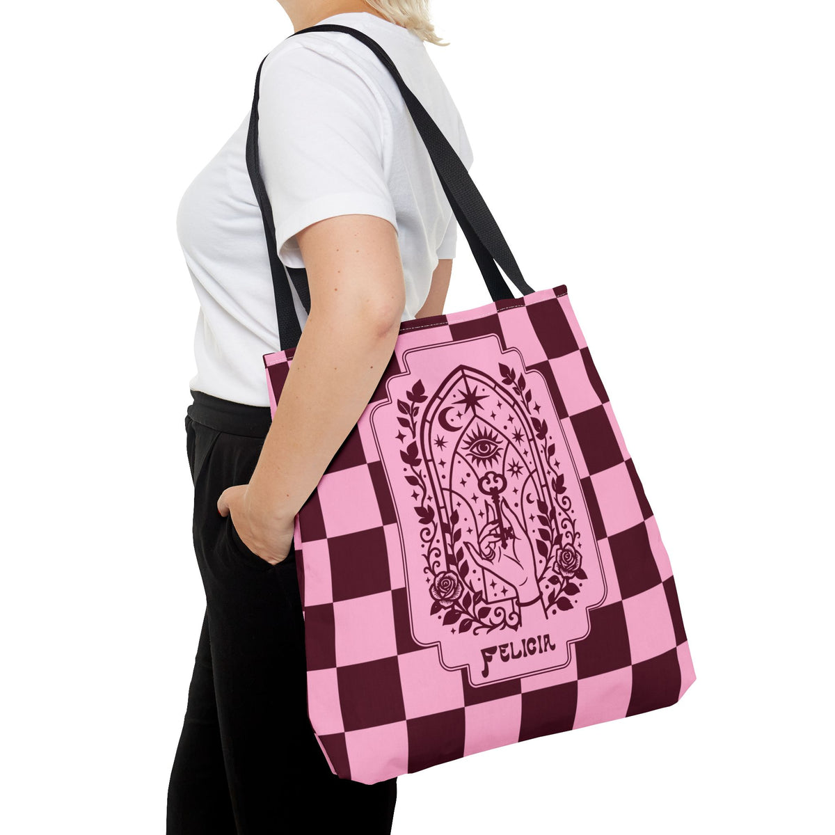 Personalizable Mystic Hand with Key Checkerboard Tote Bag – Pink and Burgundy Retro Goth Carryall