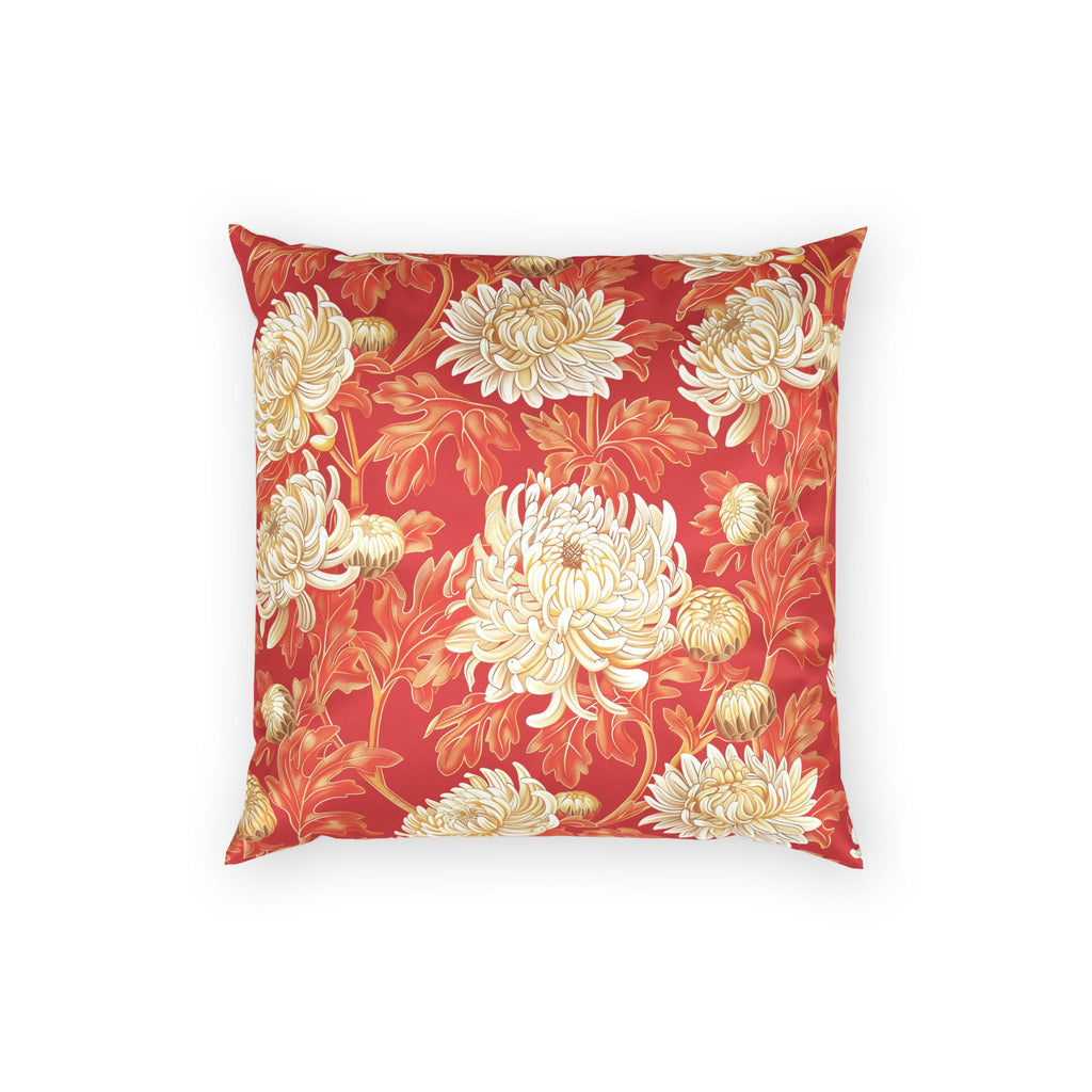 Elegant Floral Velvet Pillow - Cream Chrysanthemums on Vermillion Decorative Pillow