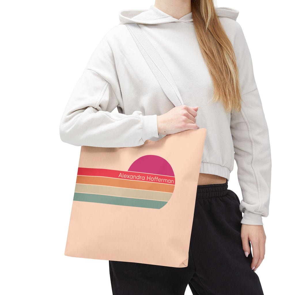 Personalizable Retro Sunset Tote Bag — Pastel Stripes Beach Vibe Carryall