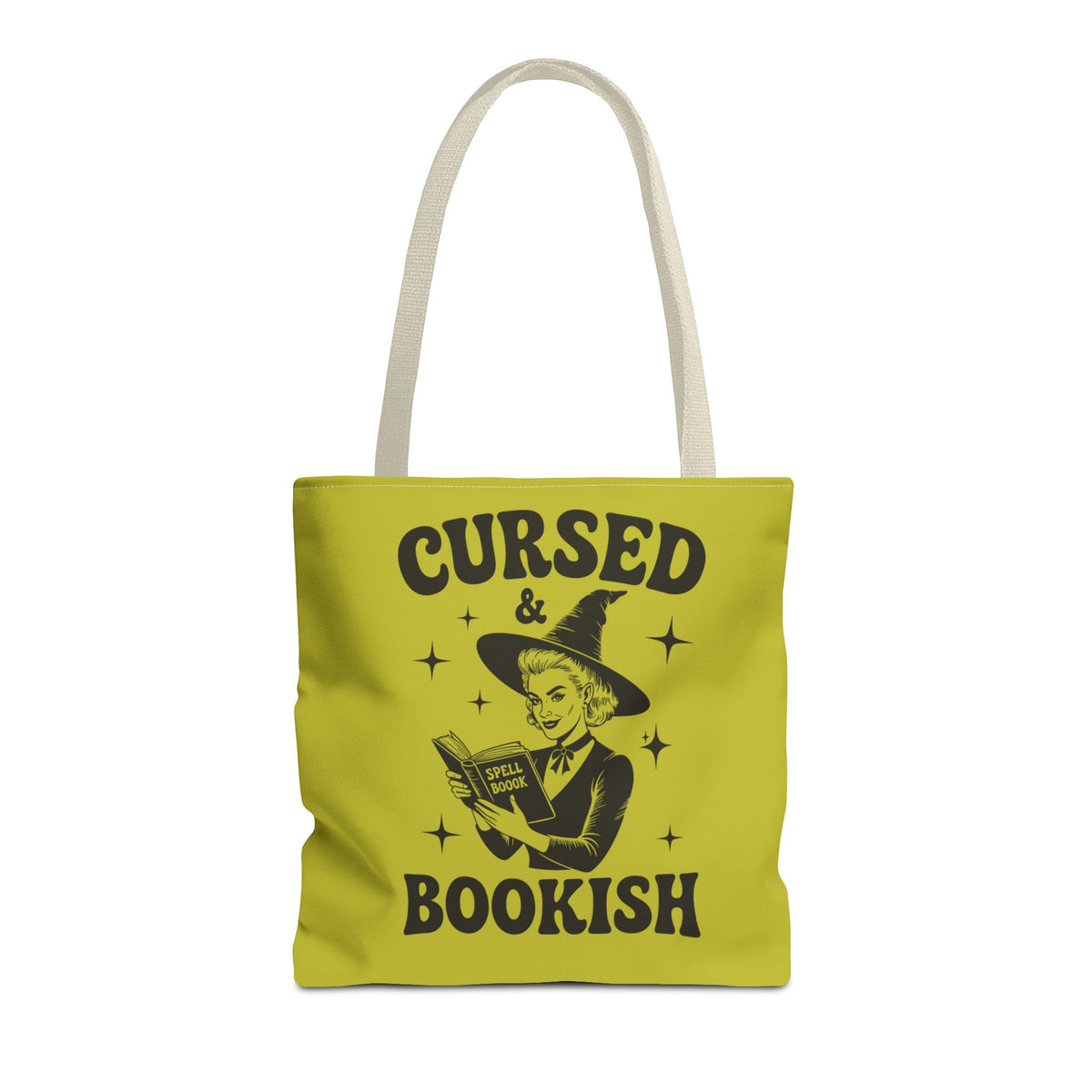 Cursed and Bookish Tote Bag — Green Witchy Reader Tote for Book Lovers