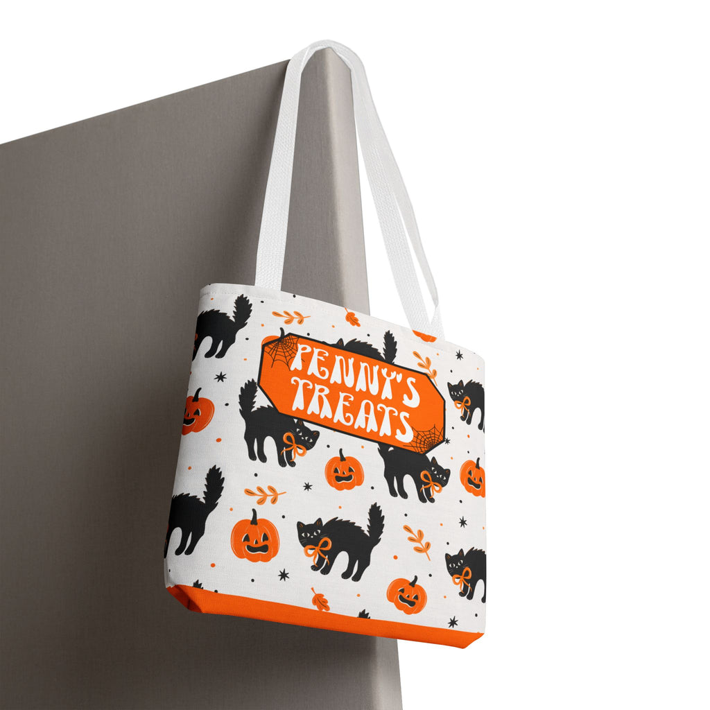 Cute Black Cats and Pumpkins Carryall -Personalized Halloween Trick or Treat Tote Bag