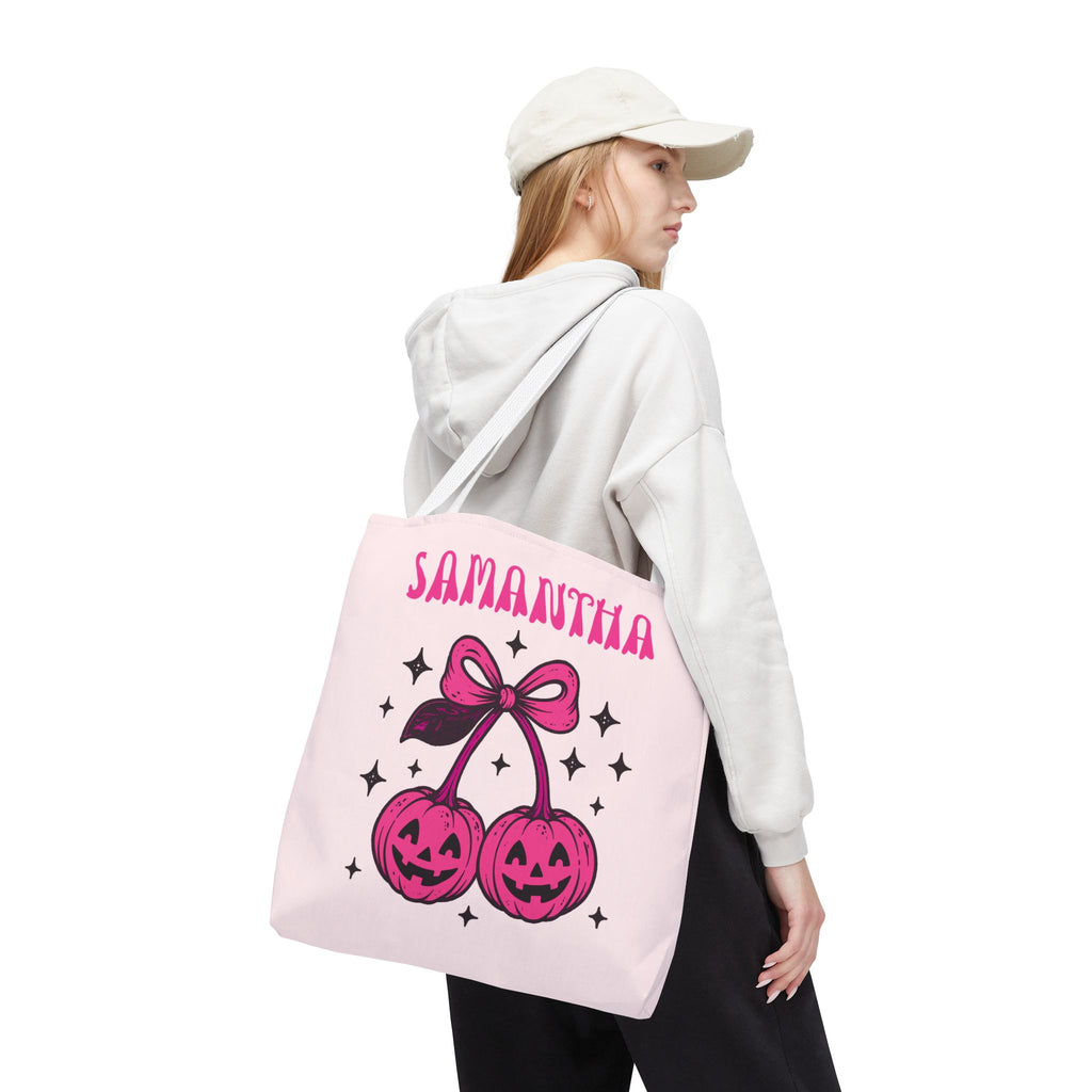 Personalized Halloween Tote - Pink Pumpkin Cherries "So Cute It's Spooky" Trick or Treat Bag