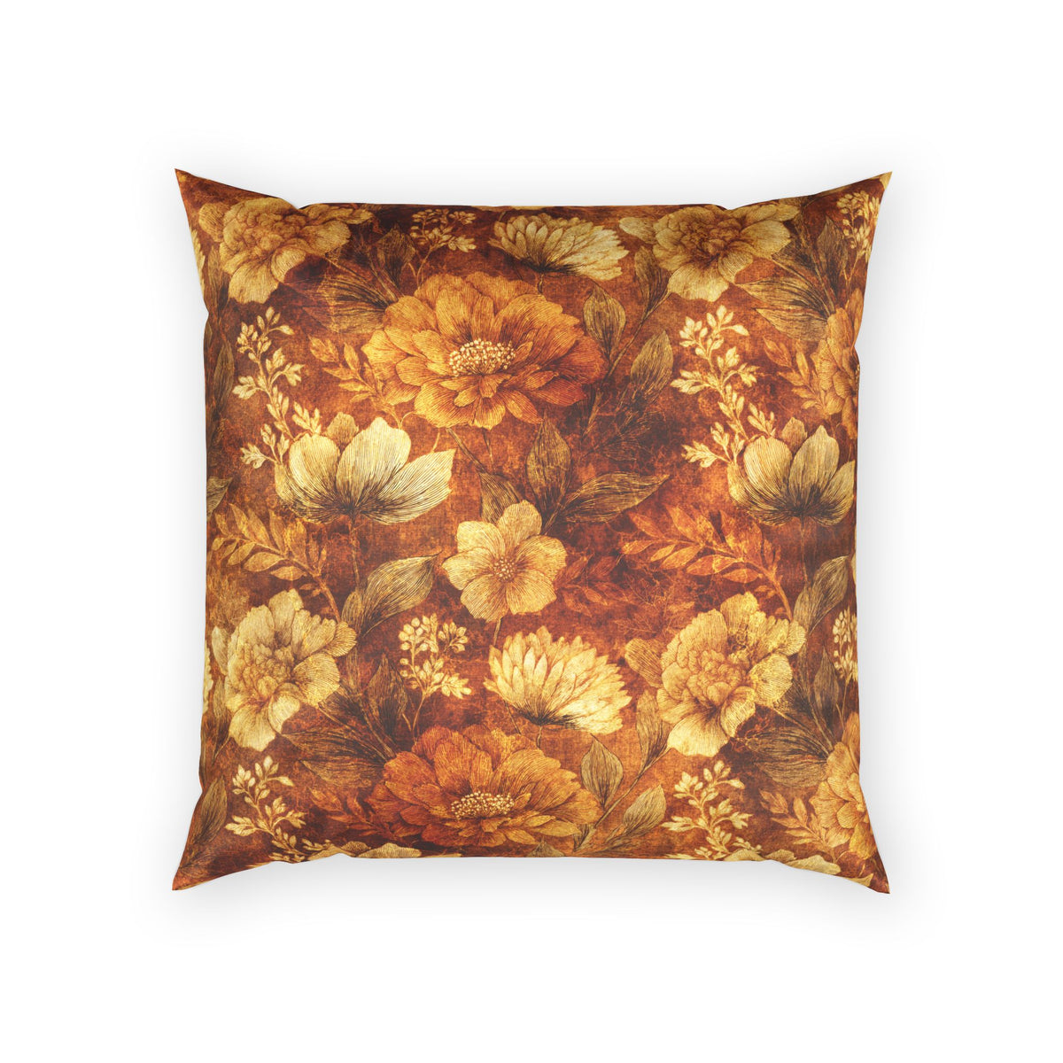 Vintage Velvet Throw Pillow - Golden Brown Floral Decorative Pillow
