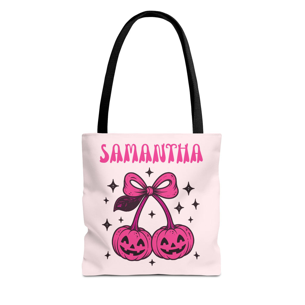 Personalized Halloween Tote - Pink Pumpkin Cherries "So Cute It's Spooky" Trick or Treat Bag