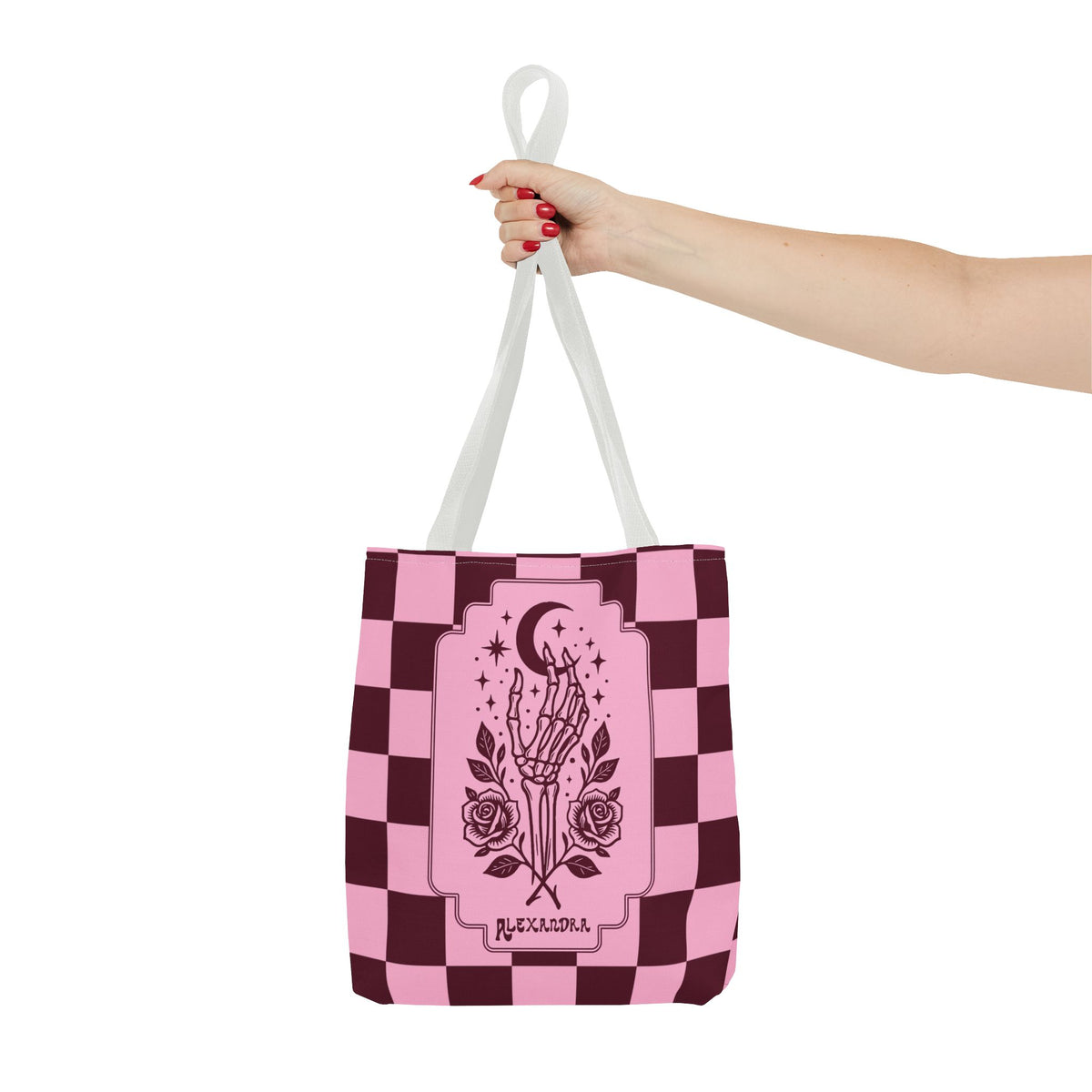Personalizable Pink Checker Skeletal Hand Tote Bag — Gothic Moon and Roses Carryall