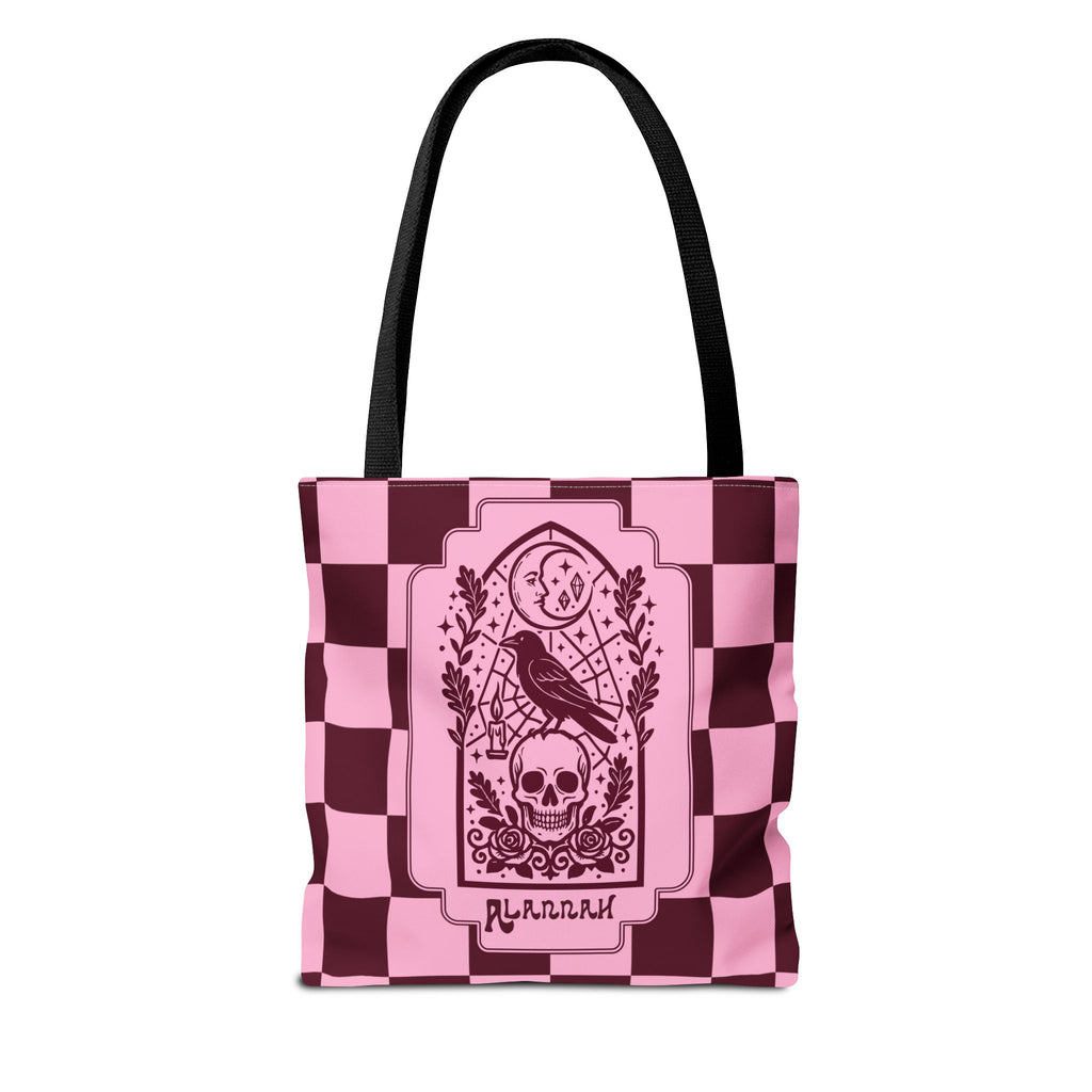 Gothic Raven and Skull Checkerboard Tote Bag - Personalizable Pink Retro Goth Carryall