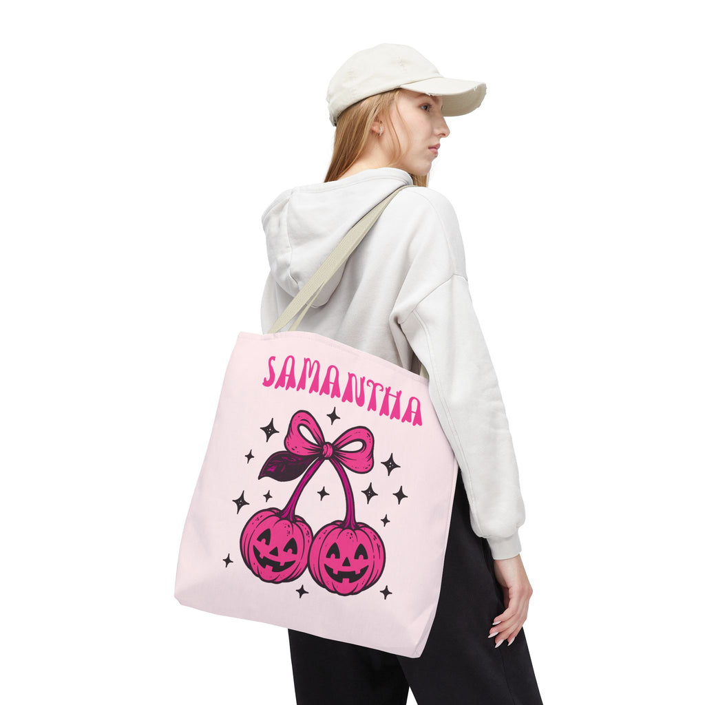 Personalized Halloween Tote - Pink Pumpkin Cherries "So Cute It's Spooky" Trick or Treat Bag