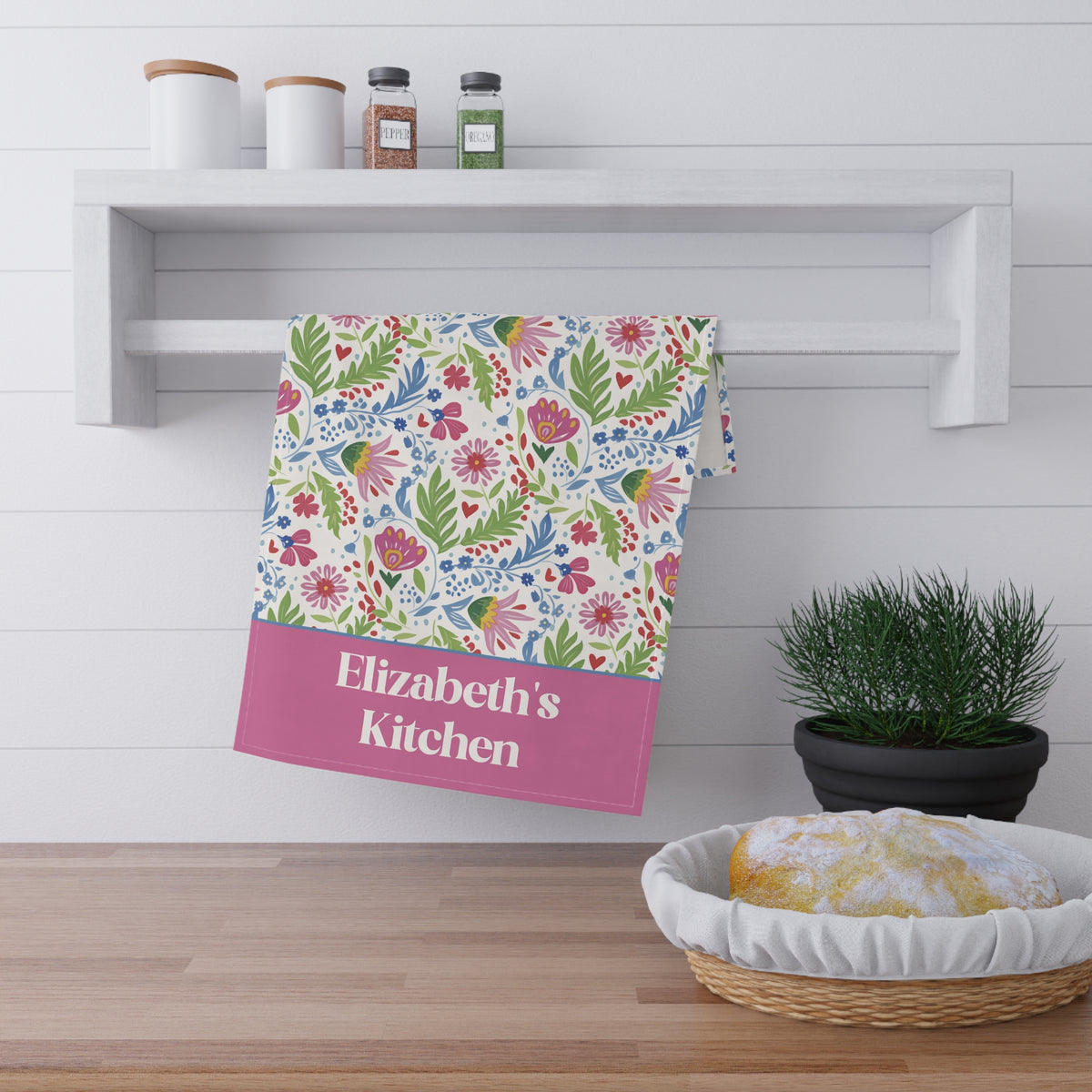 Personalizable Folk Art Tea Towel - Bright Floral Pattern Kitchen Towel