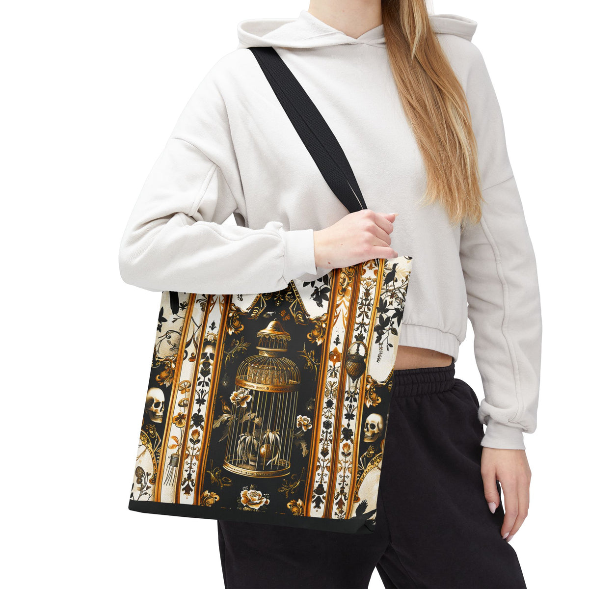 Vintage Gothic Birdcage Tote Bag - Victorian Skull and Floral Pattern Carryall