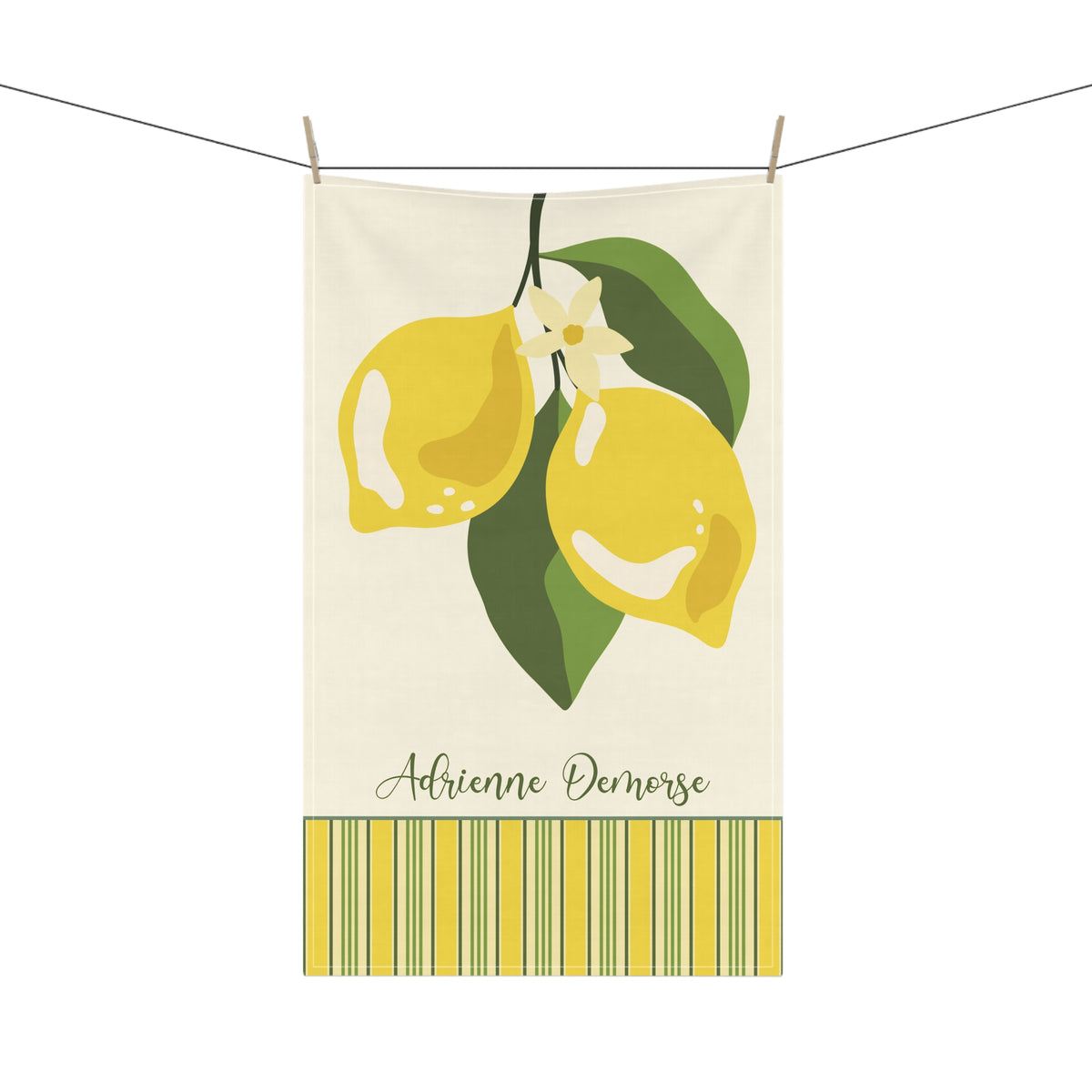 Personalized Fruit Tea Towel — Custom Name Lemon Striped Border Kitchen Towel