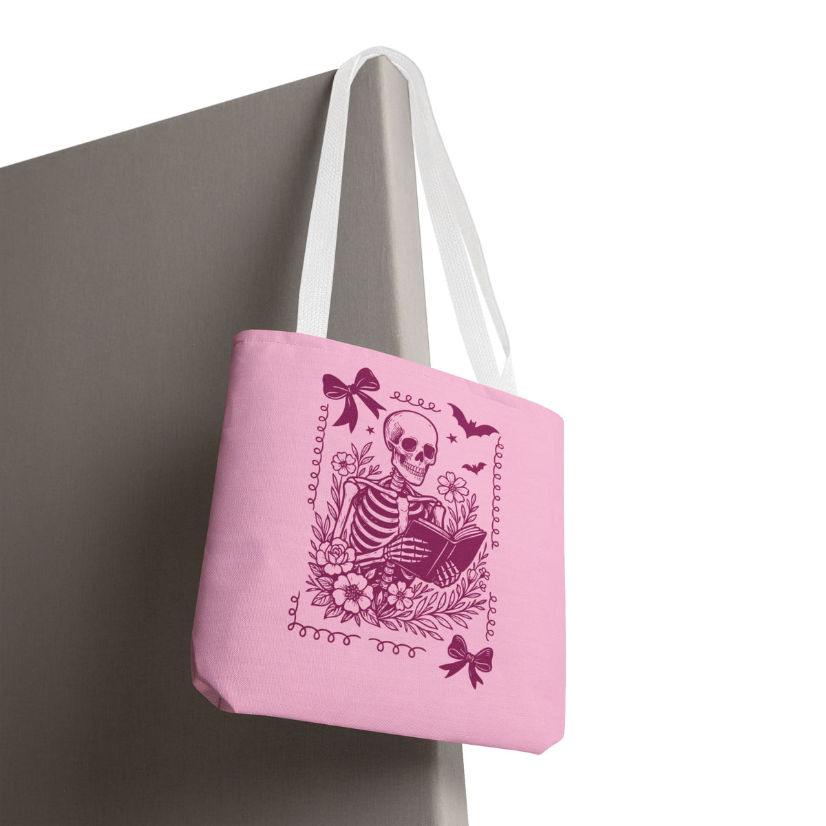 Floral Pink Reading Skeleton Tote Bag  - Cute Gothic Booklover Tote