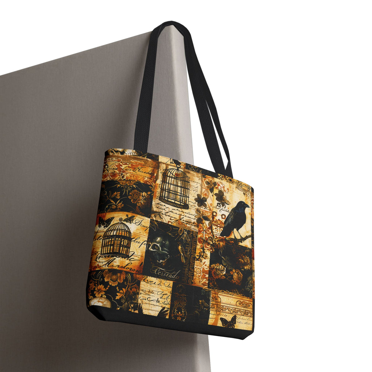 Gothic Raven Patchwork Tote Bag – Vintage Sepia and Black Collage Print