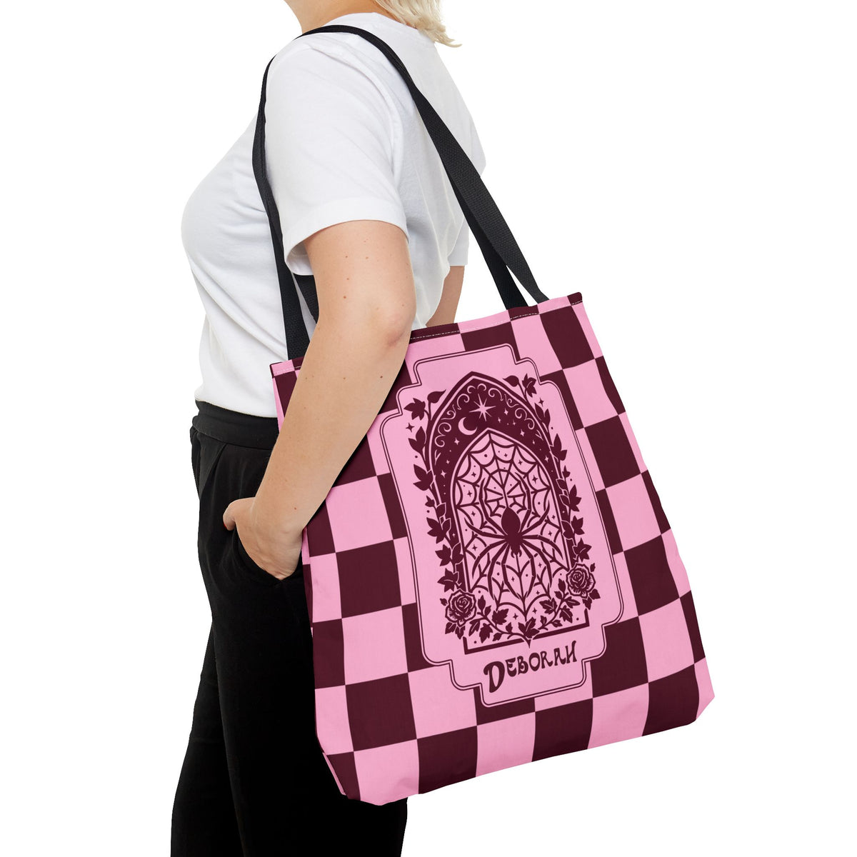 Personalizable Pink and Burgundy Retro Goth Tote with Mystic Spider Stained Glass Design