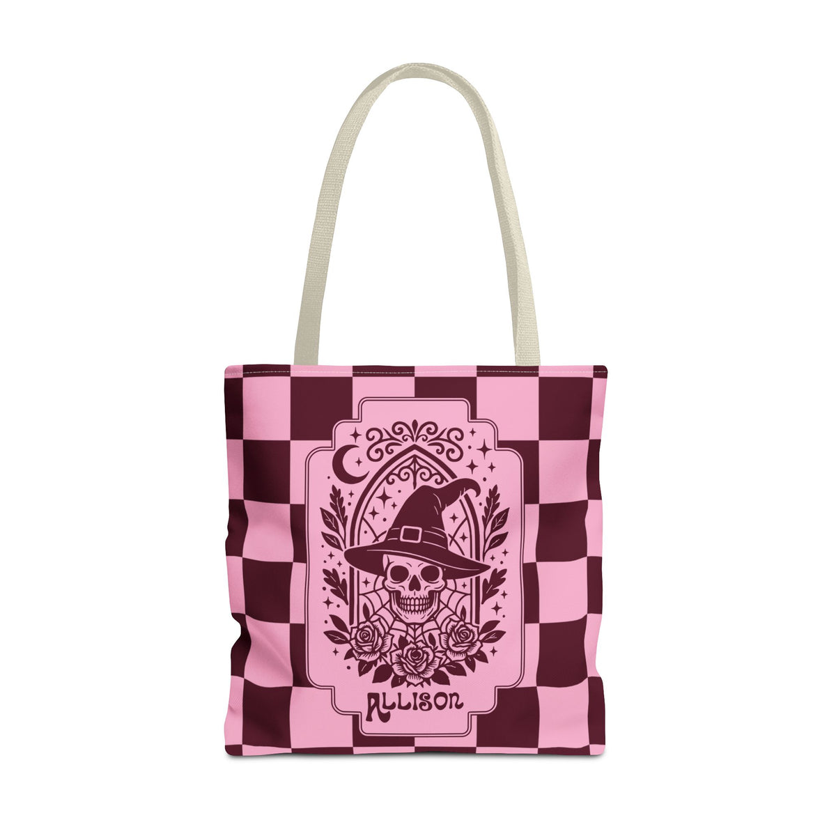 Pink Spooky Checkerboard Carryall - Gothic Witch Skull Personalizable Tote