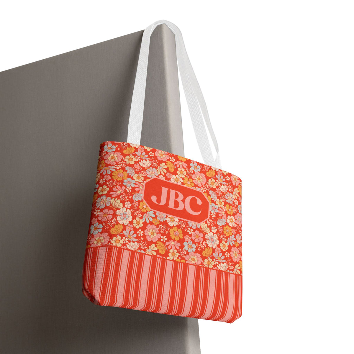 Personalizable Floral Striped Tote Bag - Orange Retro Blossom Tote