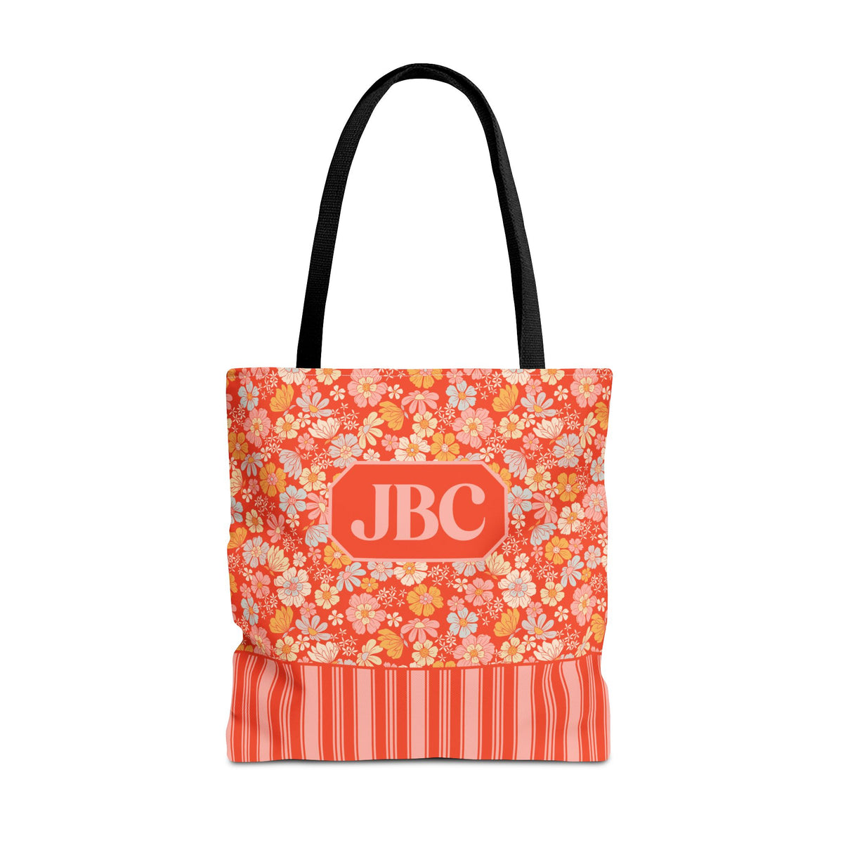 Personalizable Floral Striped Tote Bag - Orange Retro Blossom Tote