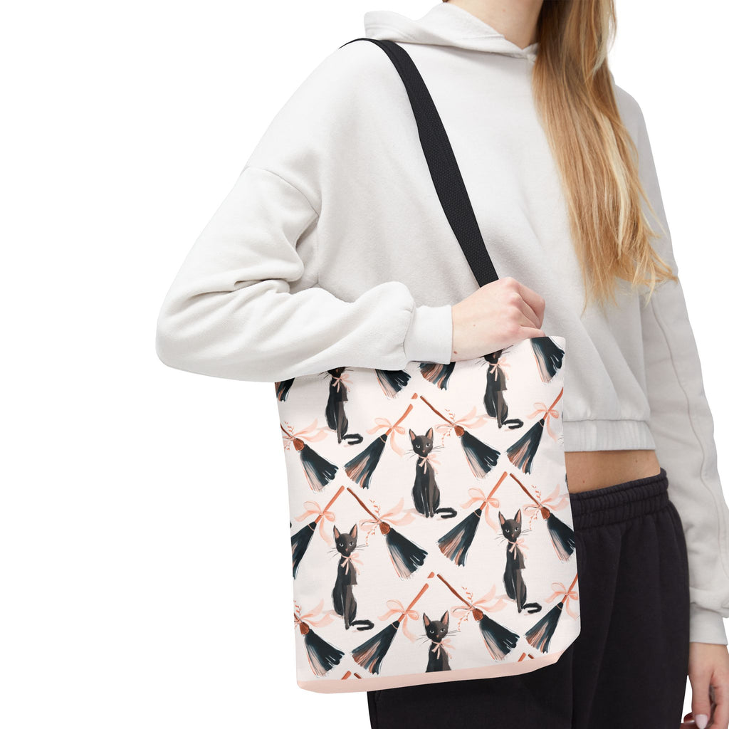 Witchy Black Cat and Broom Tote Bag