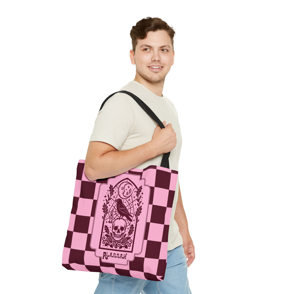Gothic Raven and Skull Checkerboard Tote Bag - Personalizable Pink Retro Goth Carryall