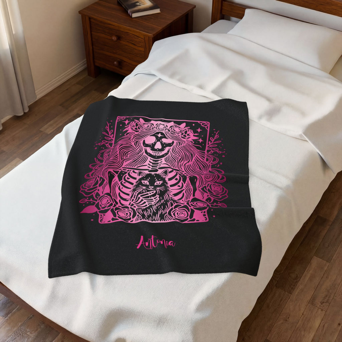 Skeleton Woman and Cat Personalized Velveteen Blanket - Pink Cat Mom Tarot Throw